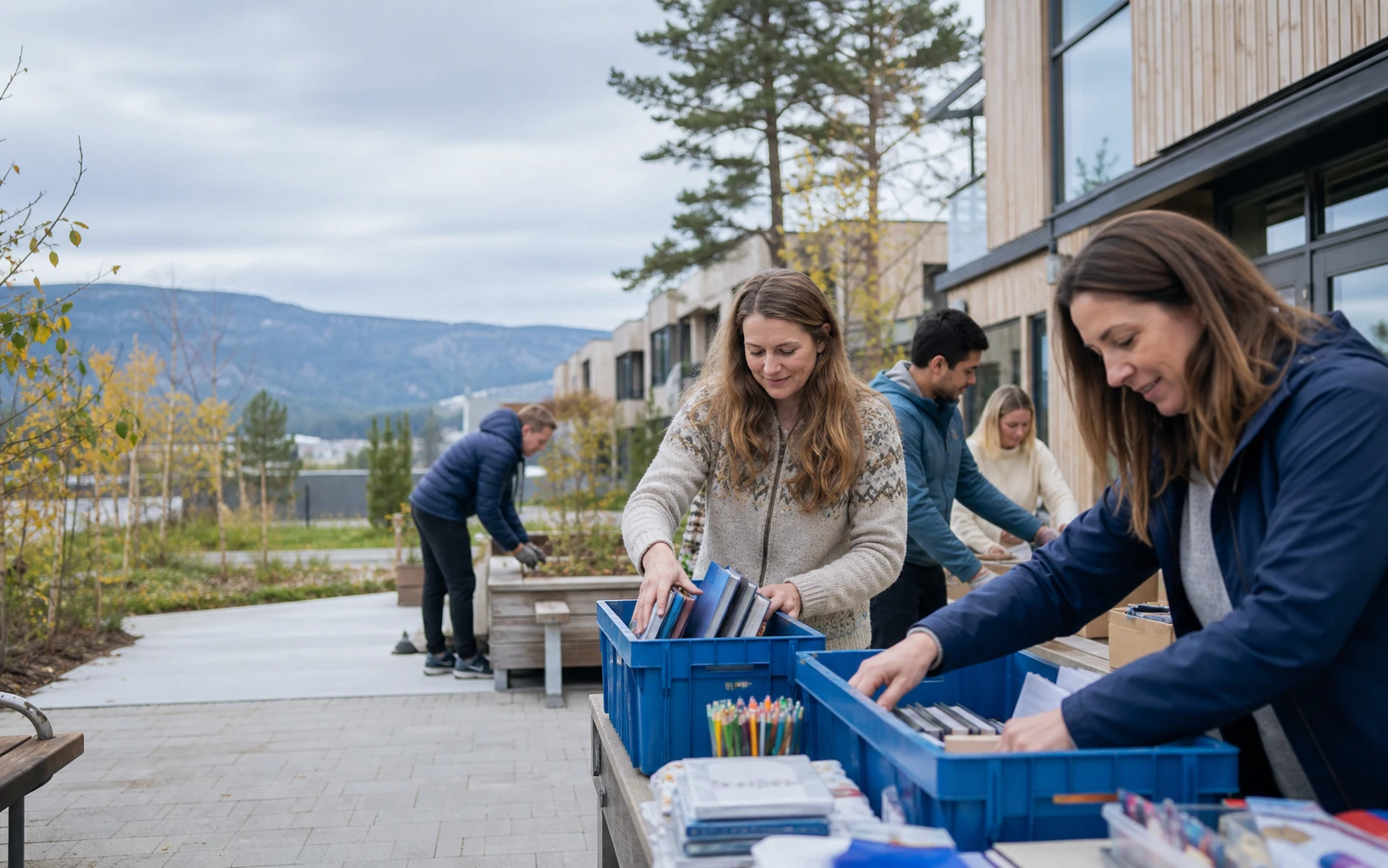 Community volunteers in Norway organizing educational supplies at a neighborhood community center